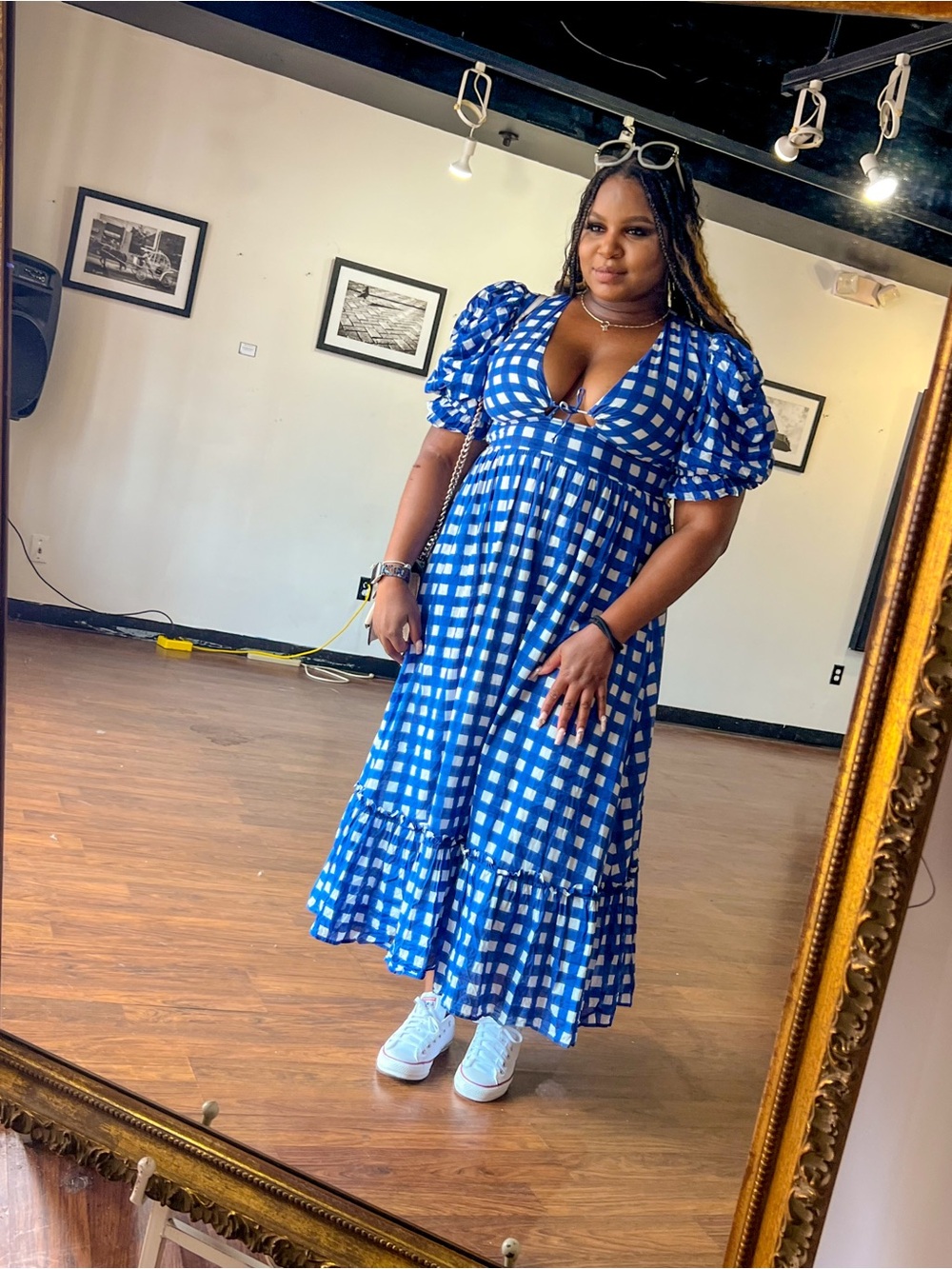 Cleobella Blue Gingham Puff-Sleeve Maxi Dress
